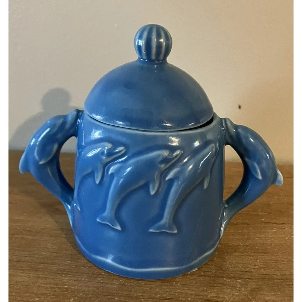 1974 Vintage Blue Sea World Ceramic Sugar Bowl with Dolphins -Japan